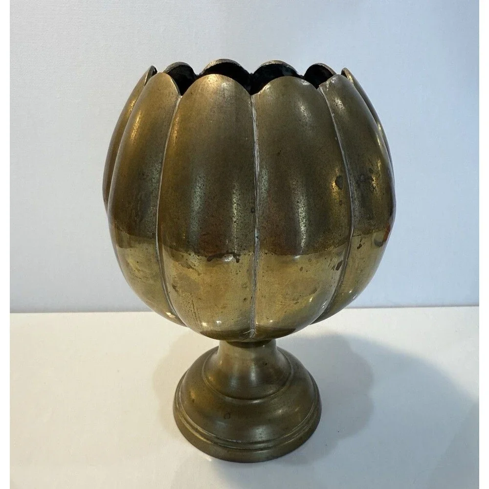 Vintage Brass Lotus Flower Pedestal Vase Scalloped Planter Urn India 7